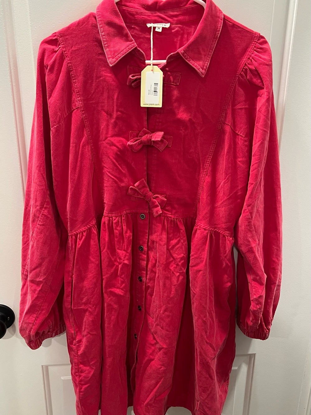 NWT Jodifl Pink Corduroy Bow-Front Long Sleeve Dress